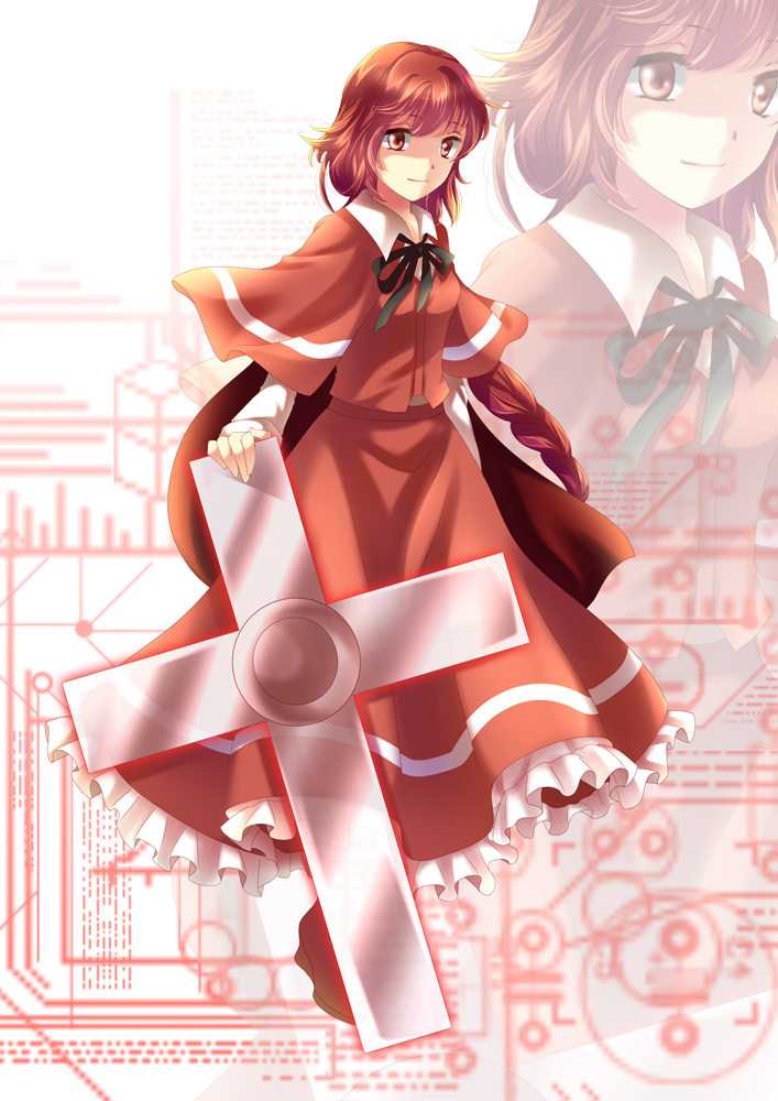 1girl, braid, cape, cross, hand_rest, light_smile, long_hair, long_sleeves, looking_at_viewer, okazaki_yumemi, red_eyes, redhead, ribbon, schematics, sheeg, single_braid, skirt, skirt_set, solo, touhou, touhou_(pc-98), very_long_hair, zoom_layer