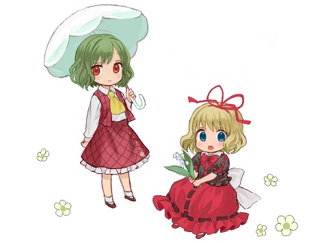 2girls, ama-tou, blonde_hair, blue_eyes, checkered, checkered_skirt, checkered_vest, deformed
