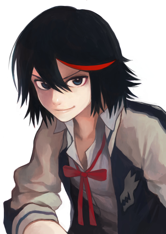 1girl, birdmountain, black_hair, blue_eyes, jacket, kill_la_kill, letterman_jacket, matoi_ryuuko