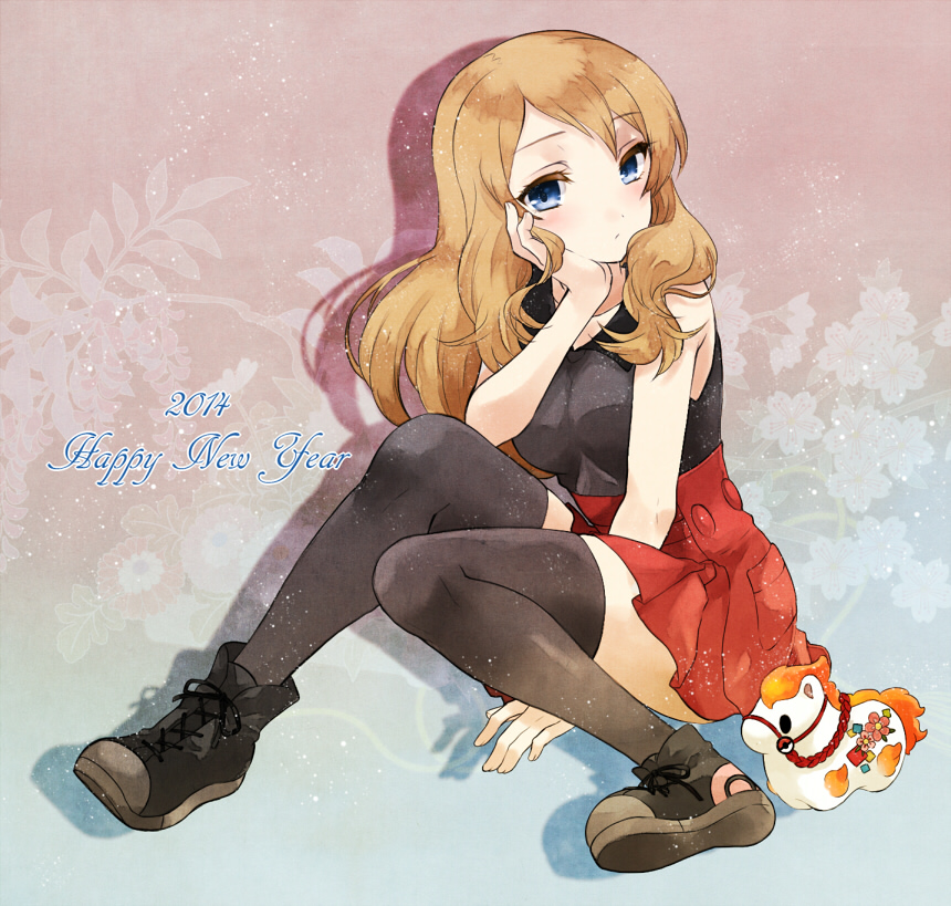 2014, bare_shoulders, blue_eyes, brown_hair, happy_new_year, irouha, pleated_skirt, pokemon