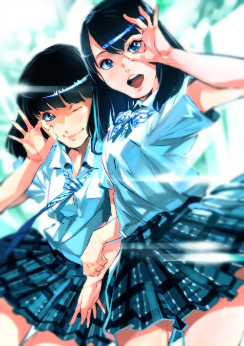 black_hair, blue_eyes, bob_cut, character_request, locked_arms, open_mouth, shimoguchi_tomohiro, ske48