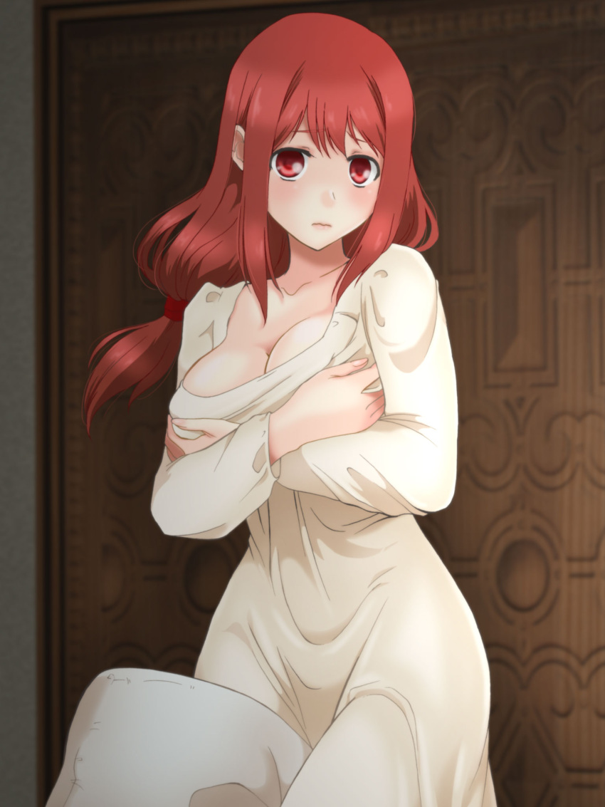 1girl, blush, breast_hold, breasts, crossed_arms, enami_(e373), highres, large_breasts, long_hair, low-tied_long_hair, maou_(maoyuu), maoyuu_maou_yuusha, nightgown, pillow, red_eyes, redhead, solo, wavy_mouth