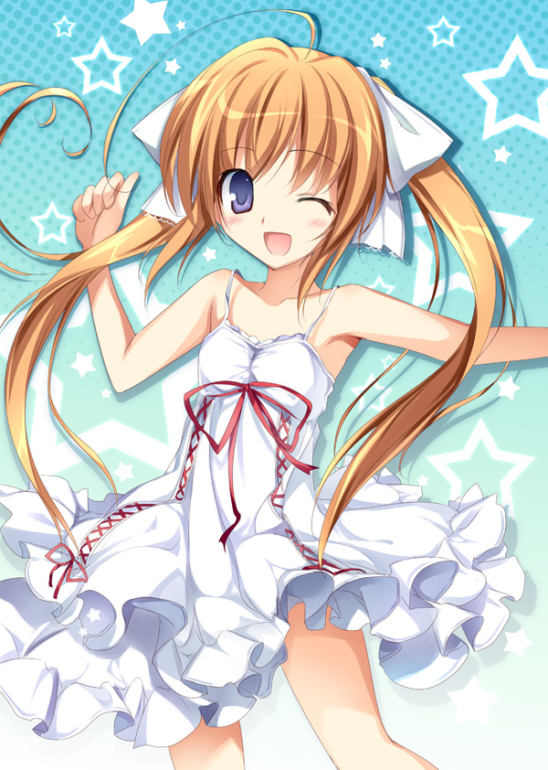 1girl, ;d, ahoge, dress, karory, natsukumo_yururu, open_mouth, ribbon