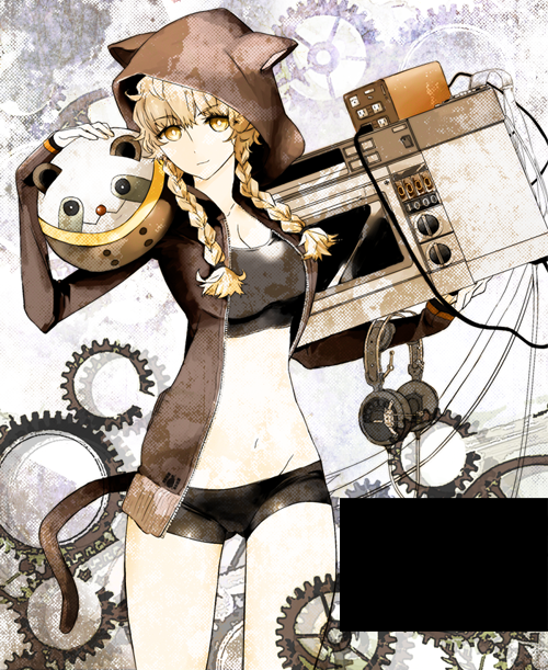 amane_suzuha, bike_shorts, braid, brown_hair, hoodie, jacket, mozi, steins;gate, twin_braids, yellow_eyes
