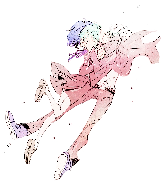 aqua_hair, arisato_minato, blue_hair, couple, hetero, hug, persona, persona_3, school_uniform, sutei_(giru), yamagishi_fuuka, yuuki_makoto