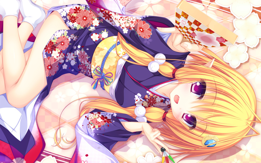 1girl, :d, blonde_hair, fang, highres, japanese_clothes, kimono, legs