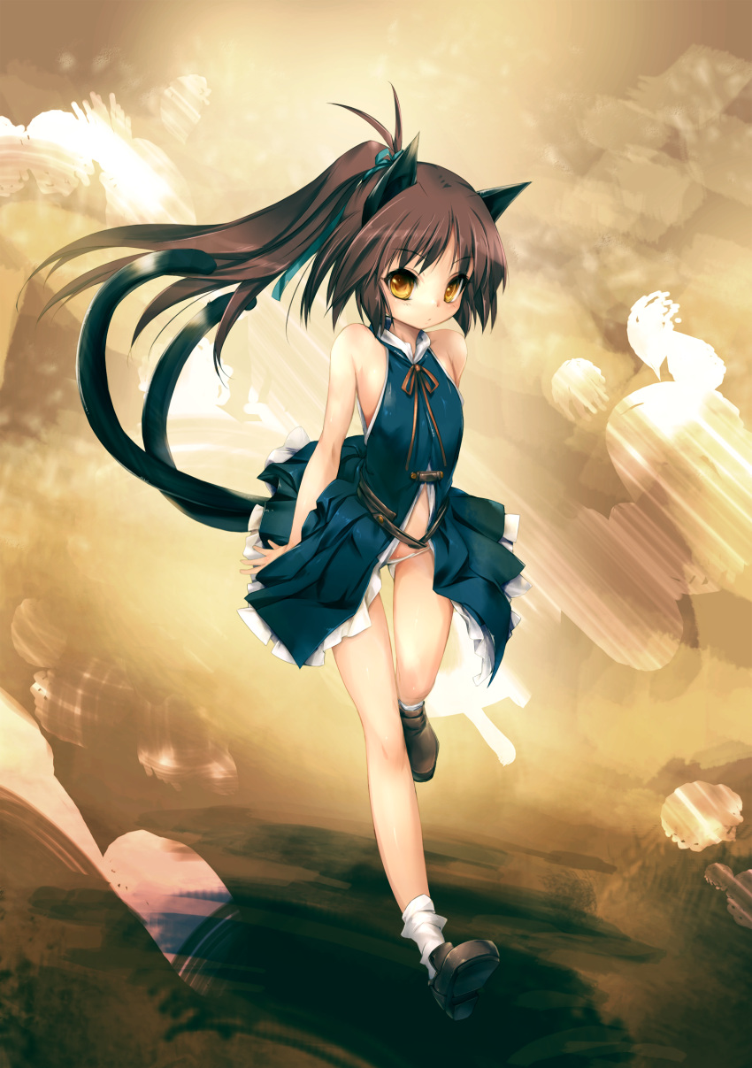 1girl, animal_ears, bare_shoulders, black_dress, brown_hair, cat_ears, cat_tail, dress