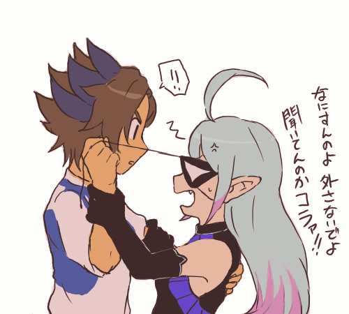 1boy, 1girl, ahoge, anger_vein, blue_hair, brown_hair, elbow_gloves, eyepatch