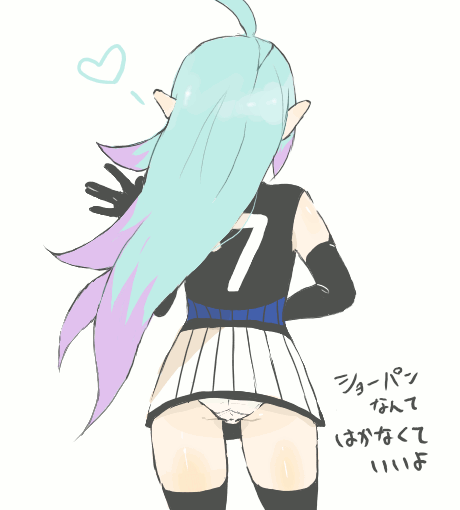 1girl, ahoge, blue_hair, elbow_gloves, from_behind, gloves, heart, hidari_(derogucha)