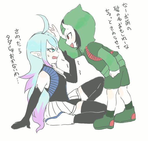 1boy, 1girl, ahoge, blue_hair, elbow_gloves, gloves, hidari_(derogucha), hilary_flail