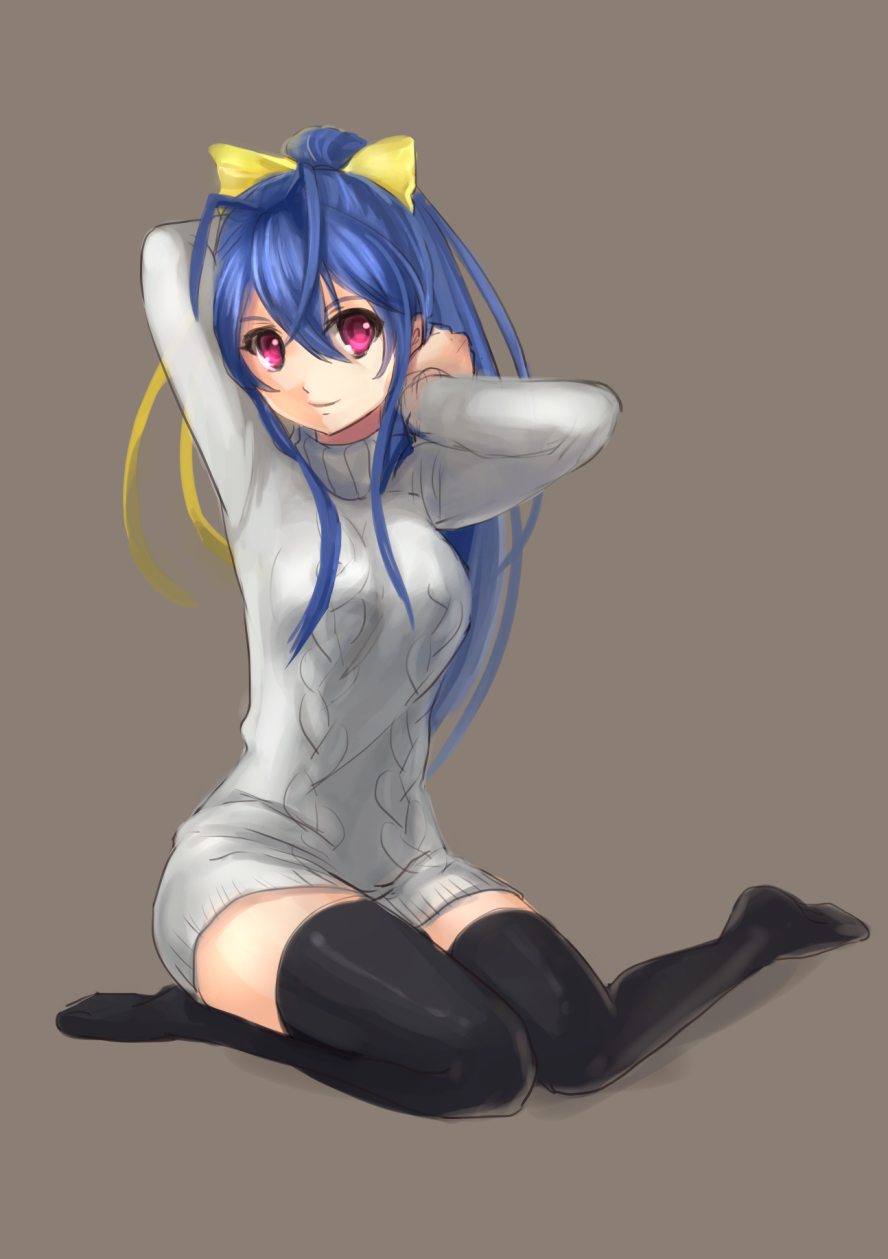1girl, ahoge, antenna_hair, black_legwear, blazblue, blazblue_remix_heart, blue_hair, bow