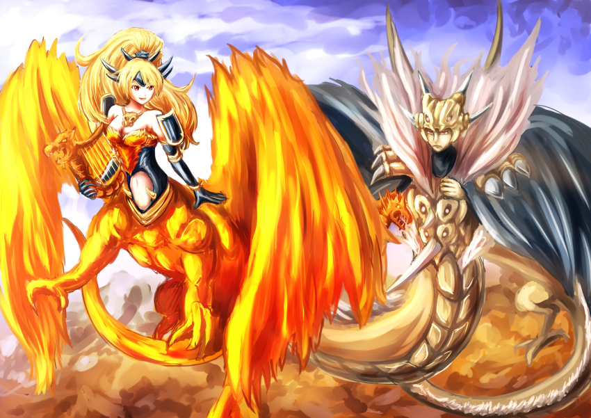 1boy, 1girl, blonde_hair, breasts, djinn_queen_dragun, dragon_girl, duel_monster, flying, harp, highres, instrument, king_dragun, red_eyes, yuu-gi-ou