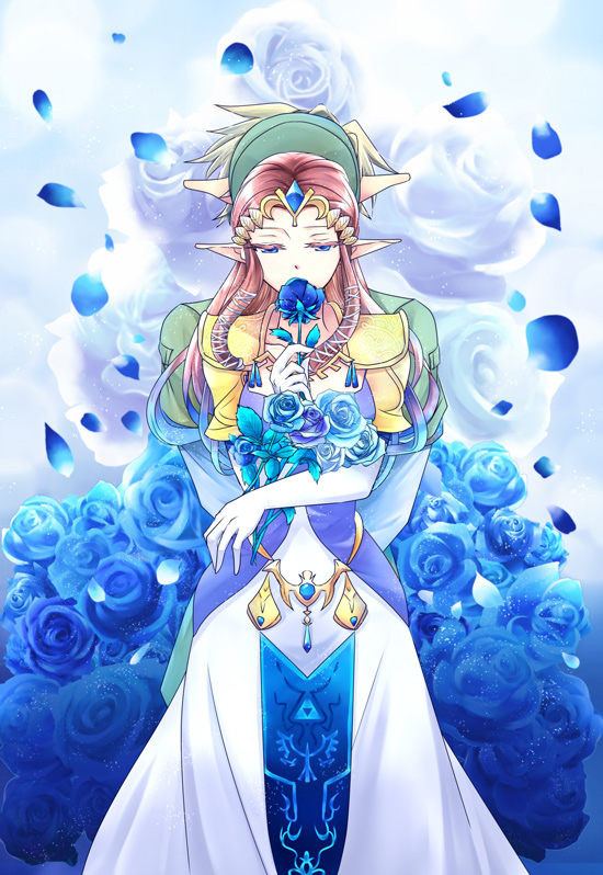 back-to-back, blonde_hair, blue_eyes, brown_hair, firmicus, flower, gloves, hat, link, long_hair, nintendo, pointy_ears, princess_zelda, rose, the_legend_of_zelda, tiara, twilight_princess