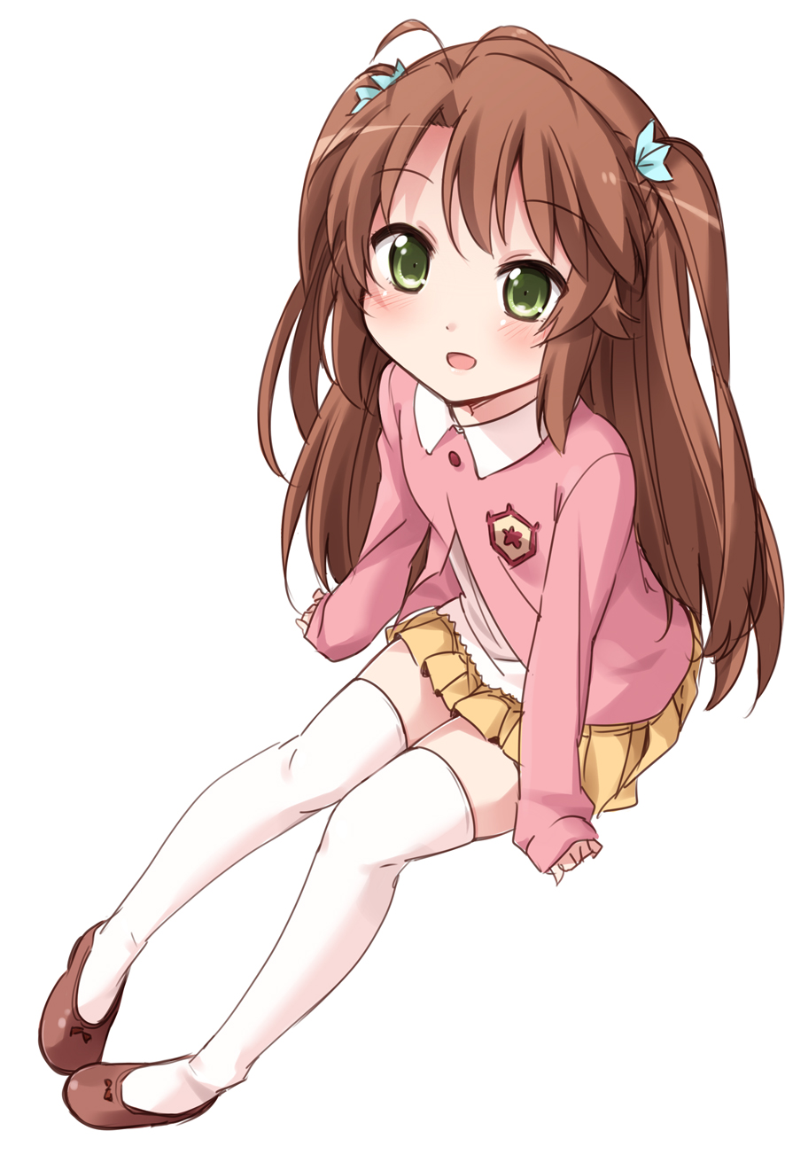 1girl, ahoge, antenna_hair, blush, brown_hair, green_eyes, highres, koshigaya_komari, long_hair, looking_at_viewer, mousou_(mousou_temporary), non_non_biyori, open_mouth, school_uniform, solo, thighhighs, twintails, white_legwear, zettai_ryouiki
