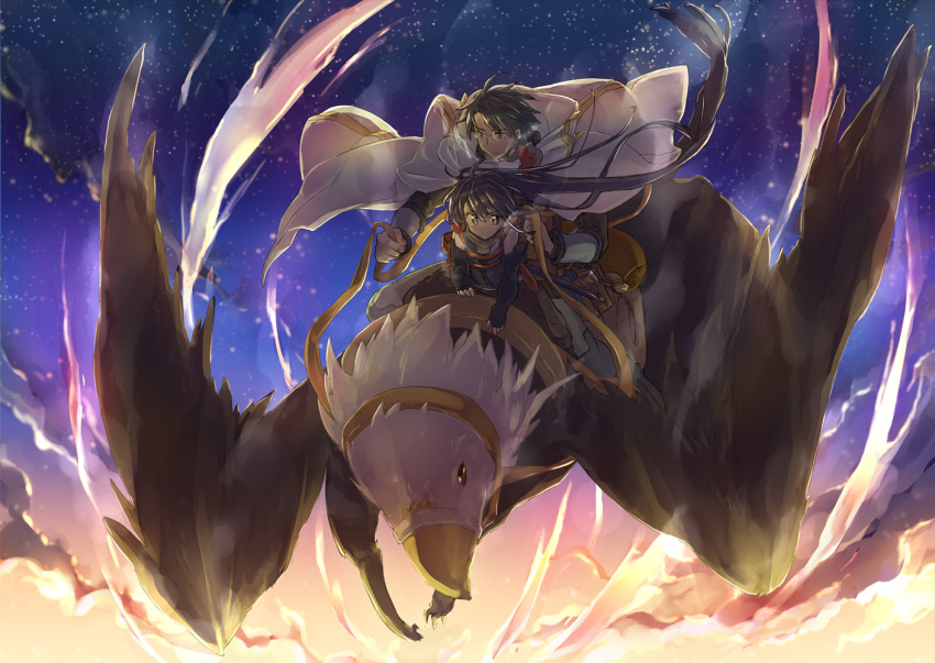 1boy, 1girl, akatsuki_(log_horizon), blue_hair, cape, creature, gauntlets, glasses
