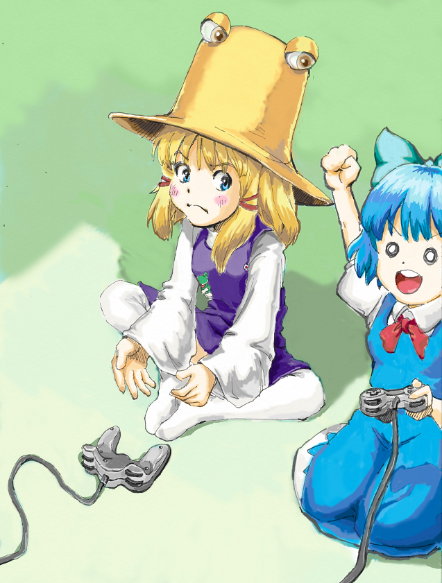 blonde_hair, blue_eyes, blue_hair, bow, cirno, eyes, hair_bow, hat, hir0sun, moriya_suwako, multiple_girls, playing_games, short_hair, thigh-highs, thighhighs, touhou