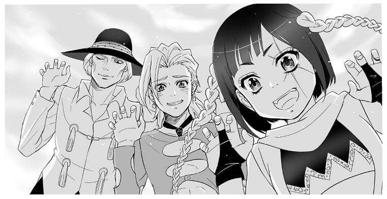 1girl, 2boys, braid, cannolo_murolo, facial_mark, hariyama_(toubou_tengoku), hat, jojo_no_kimyou_na_bouken