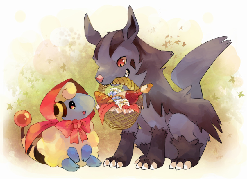 basket, eye_contact, hood, looking_at_another, mareep, mightyena, mouth_hold, no_humans