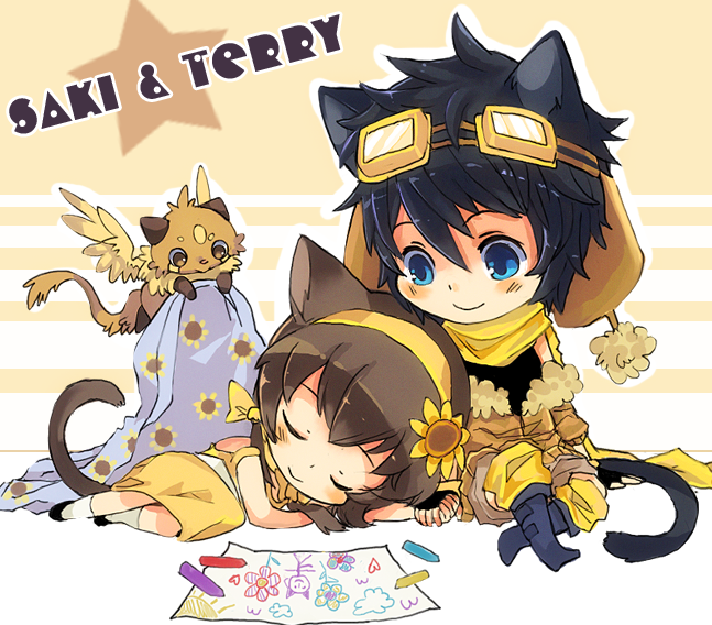 1boy, 1girl, animal_ears, blue_eyes, blush, brown_hair, cat_ears, cat_tail
