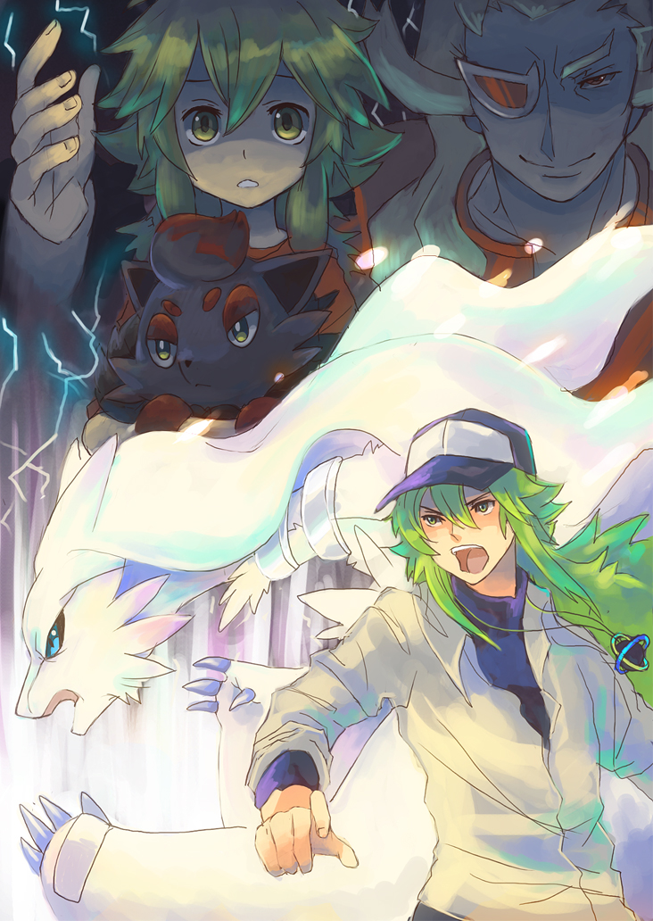 2boys, geechisu_(pokemon), green_eyes, green_hair, hat, long_hair, multiple_boys, n_(pokemon)