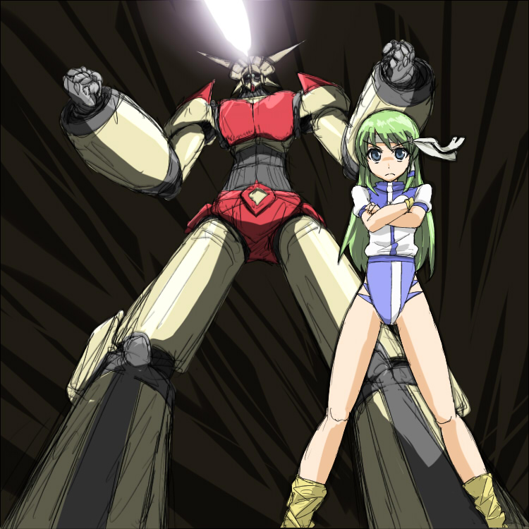 cosplay, crossed_arms, eye_beam, green_hair, gunbuster, headband, hisou_tensoku, kochiya_sanae