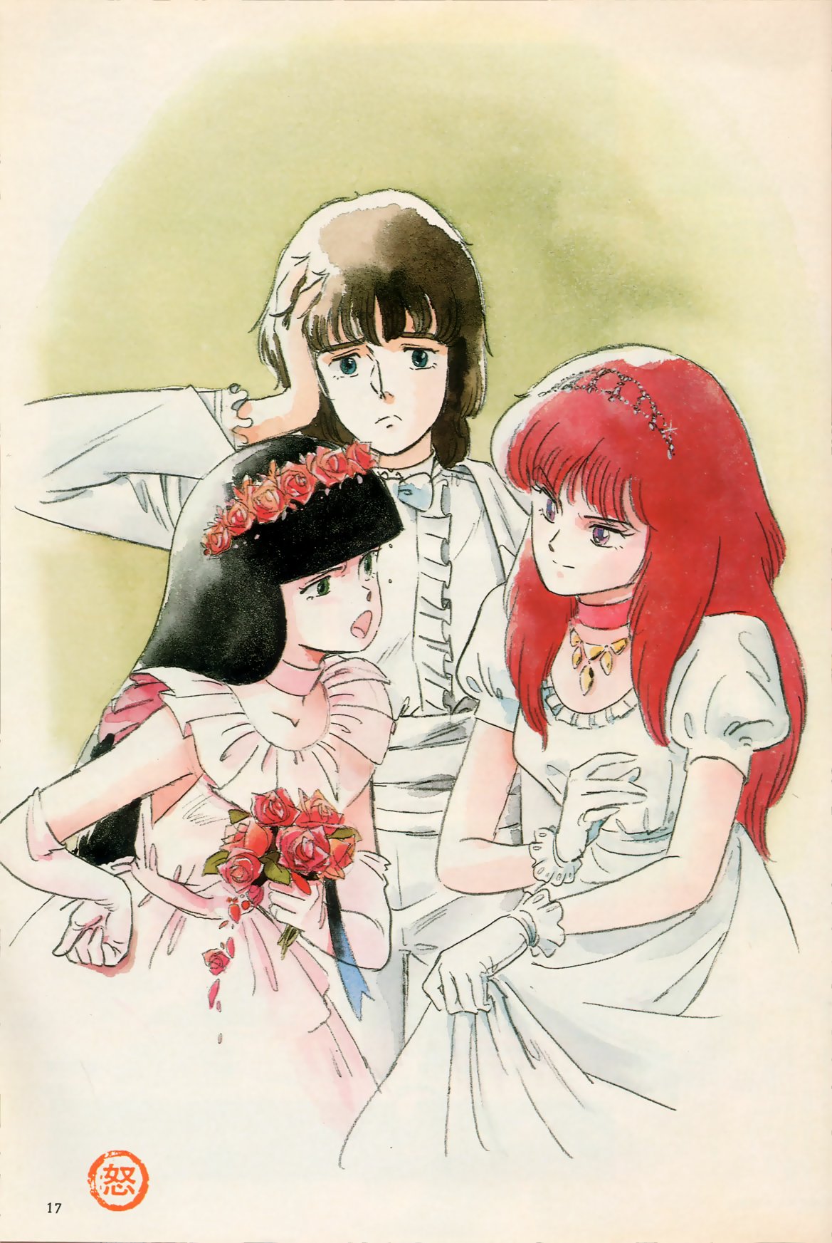 1boy, 2girls, black_hair, daba_myroad, dress, fanneria_amu, gaw_ha_leecee, heavy_metal_l-gaim, highres, multiple_girls, official_art, redhead, wedding_dress