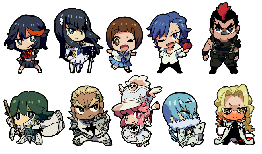 4girls, 6+boys, apple, black_hair, blonde_hair, blue_hair, brown_hair, chibi