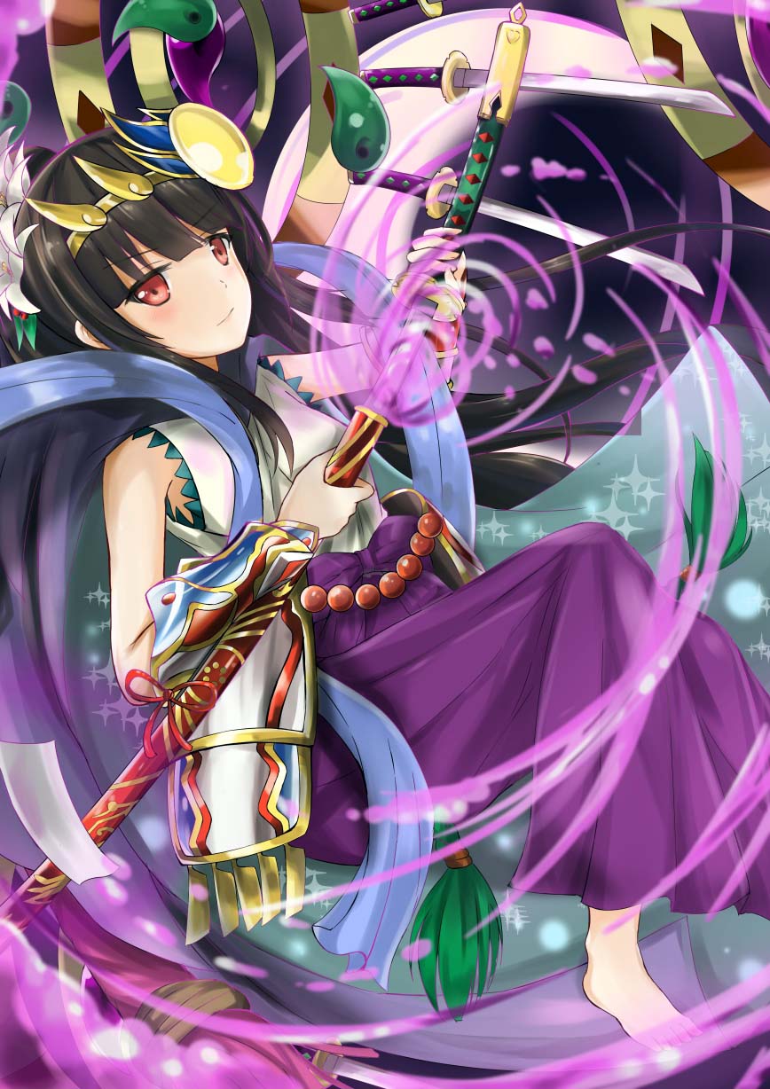 1girl, androgynous, bare_shoulders, black_hair, hairband, highres, katana, long_hair