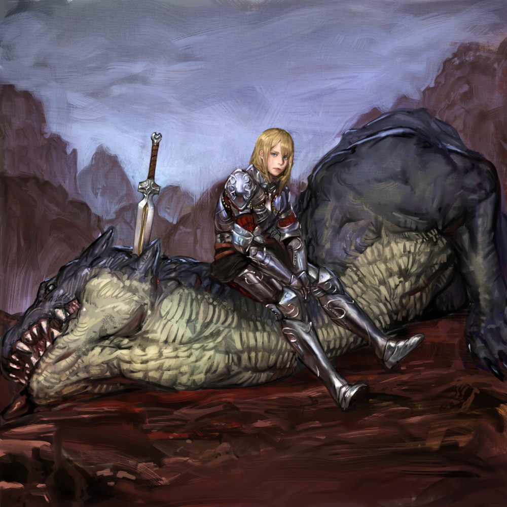 12v, 1girl, armor, blonde_hair, death, dragon, faux_traditional_media, full_body, original, sitting, sword, weapon