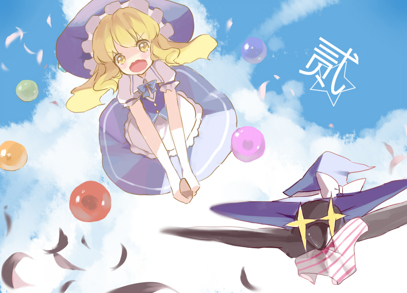 1girl, animalization, bird, blonde_hair, broom, broom_riding, dual_persona, flying
