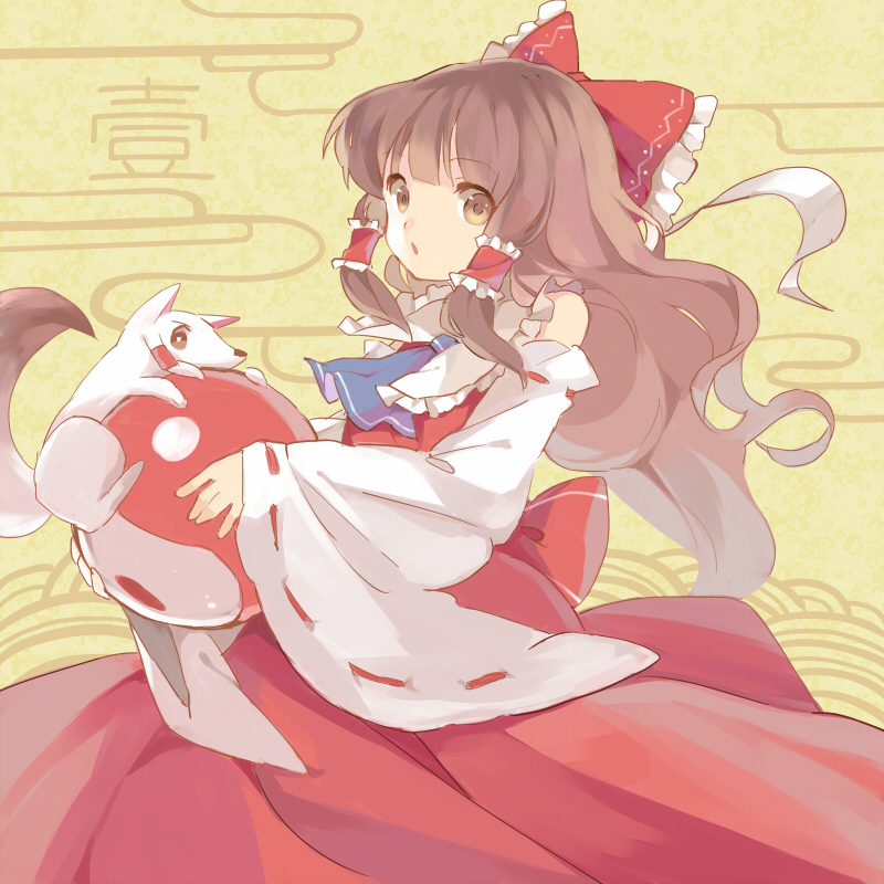 1girl, animalization, ascot, bow, brown_eyes, brown_hair, detached_sleeves, dual_persona