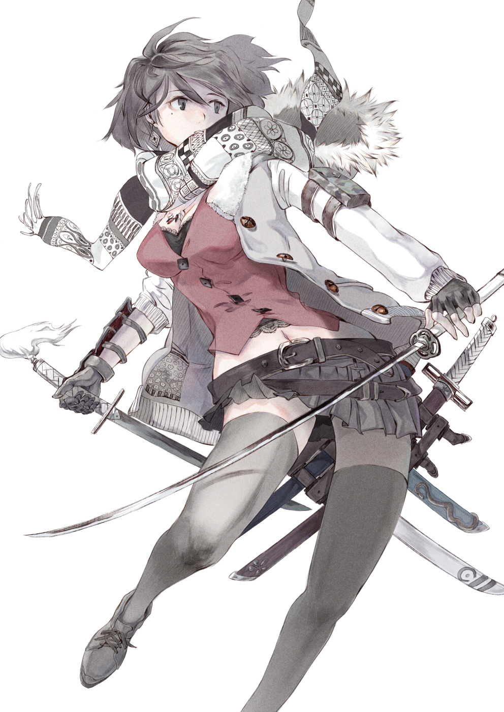 1girl, belt, black_eyes, black_gloves, black_hair, black_legwear, breasts, cleavage