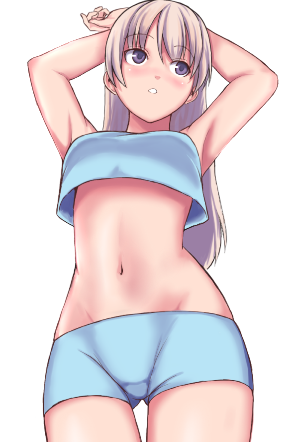 1girl, arms_up, blonde_hair, blush, eila_ilmatar_juutilainen, long_hair, navel, panties
