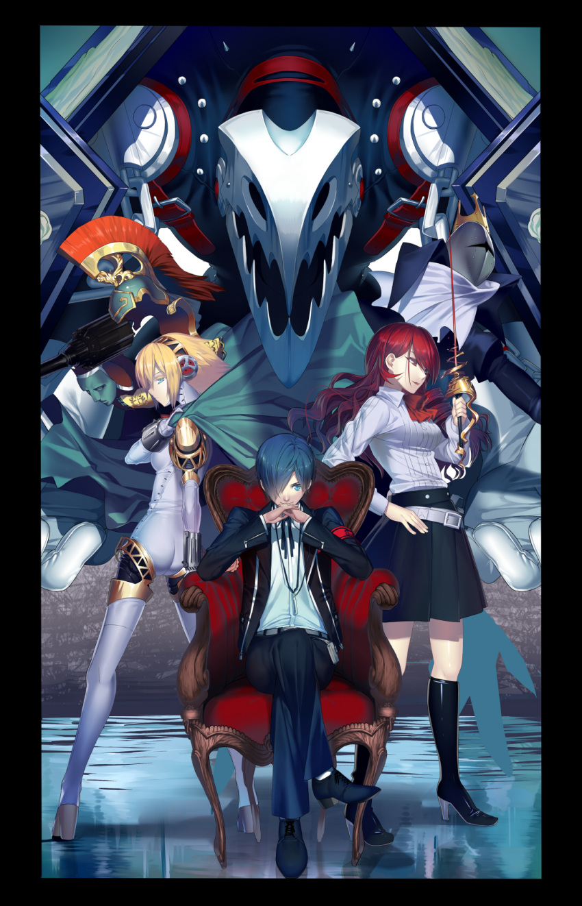 1boy, 2girls, aegis, android, arisato_minato, ass, blonde_hair, blue_eyes, blue_hair, cape, chair, digital_media_player, hair_over_one_eye, headphones, highres, hullabaloo, kirijou_mitsuru, long_hair, multiple_girls, palladion, penthesilea, persona, persona_3, rapier, red_eyes, redhead, ribbon, robot_joints, school_uniform, short_hair, sitting, skirt, smile, sword, thanatos, weapon, yuuki_makoto