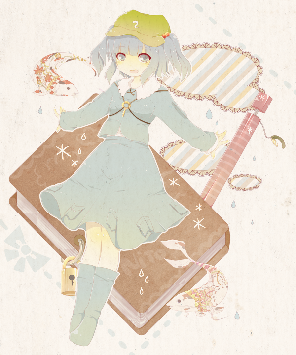 bad_id, blue_eyes, blue_hair, hair_bobbles, hair_ornament, hat, kawashiro_nitori, key