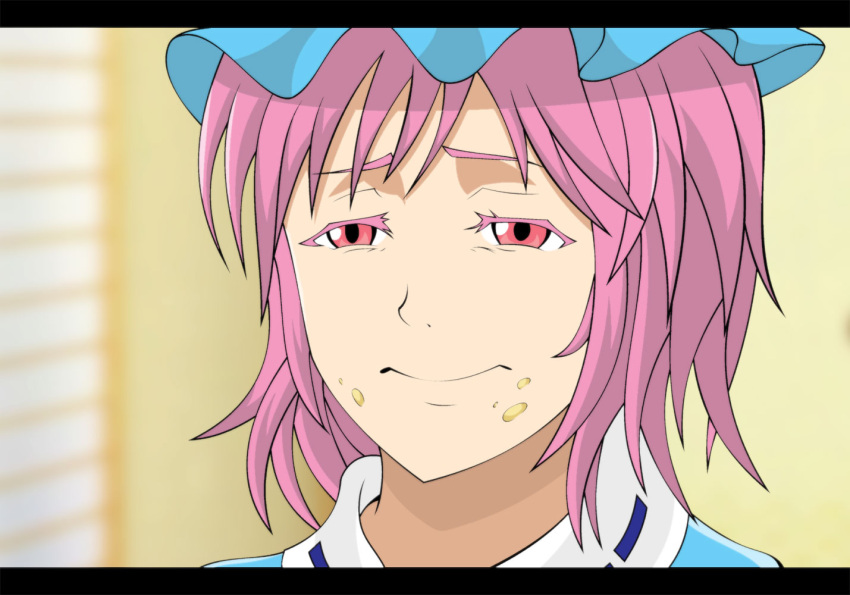 1girl, hat, parody, pcs_shousa, pink_eyes, pink_hair, saigyouji_yuyuko, sasha_braus