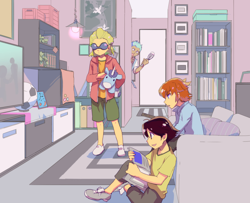 4boys, ball, blonde_hair, blue_eyes, blue_hair, brown_eyes, brown_hair, casual