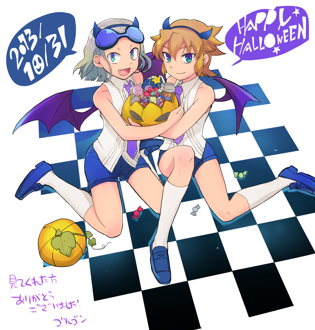 2boys, aqua_eyes, blonde_hair, candy, demon_boy, demon_wings, dylan_keith, fang