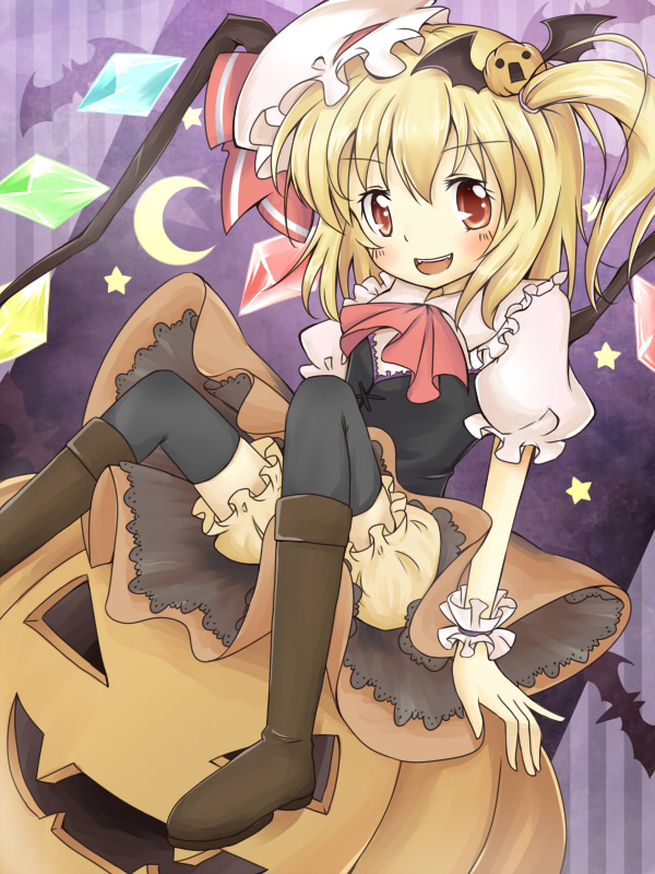 ainiwakou, blonde_hair, flandre_scarlet, halloween, hat, jack-o'-lantern, jack-o-lantern, ponytail