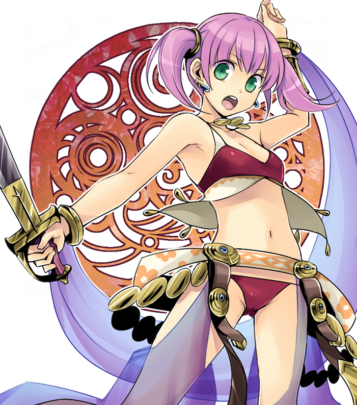 1girl, belt, bikini_bottom, bracelet, dancer_(sekaiju), green_eyes, jewelry, midriff