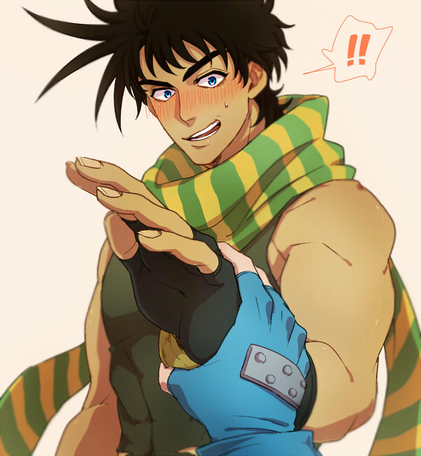 !, 1boy, blue_eyes, blurry, blush, brown_hair, depth_of_field, fingerless_gloves