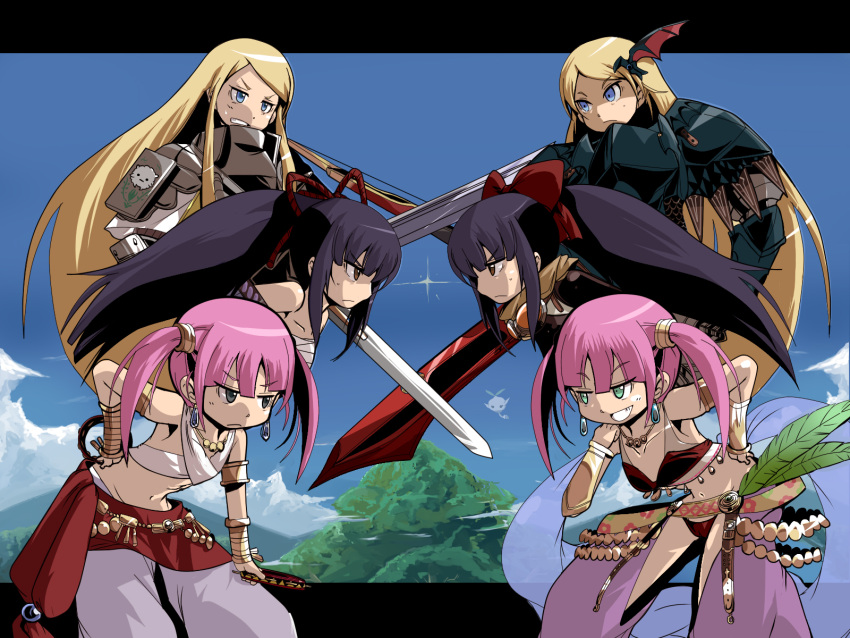 6+girls, armlet, armor, bard_(sekaiju), bikini_bottom, black_hair, blonde_hair, blue_eyes