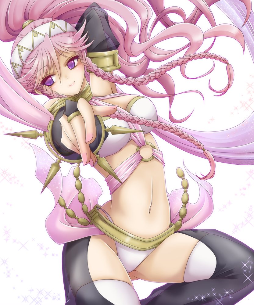 1girl, belt, braid, detached_sleeves, fire_emblem, fire_emblem:_kakusei, hairband, hayabusa_koi, jewelry, long_hair, midriff, nail_polish, navel, nintendo, olivia_(fire_emblem), panties, pink_hair, ponytail, smile, solo, thighhighs, underwear, violet_eyes
