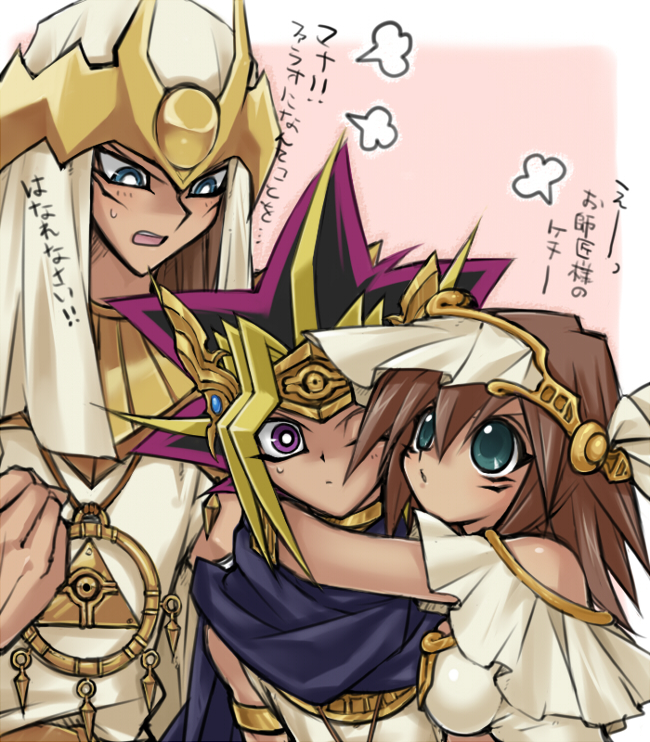 2boys, atem, bare_shoulders, blue_eyes, brown_hair, cheek_to_cheek, dark_skin, face_to_face, green_eyes, headdress, hood, hug, jewelry, koriyama_shashi, love_triangle, mahado, mana_(yugioh), mana_(yuu-gi-ou), multiple_boys, necklace, sideboob, translated, yu-gi-oh!, yuu-gi-ou, yuu-gi-ou_duel_monsters
