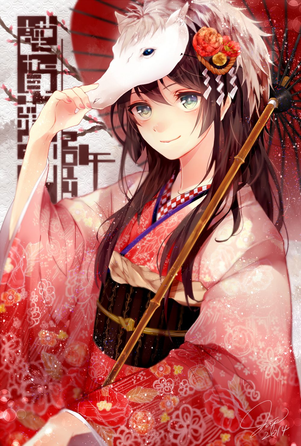 1girl, blue_eyes, blush, brown_hair, highres, japanese_clothes, japu_(pu_san_love), long_hair