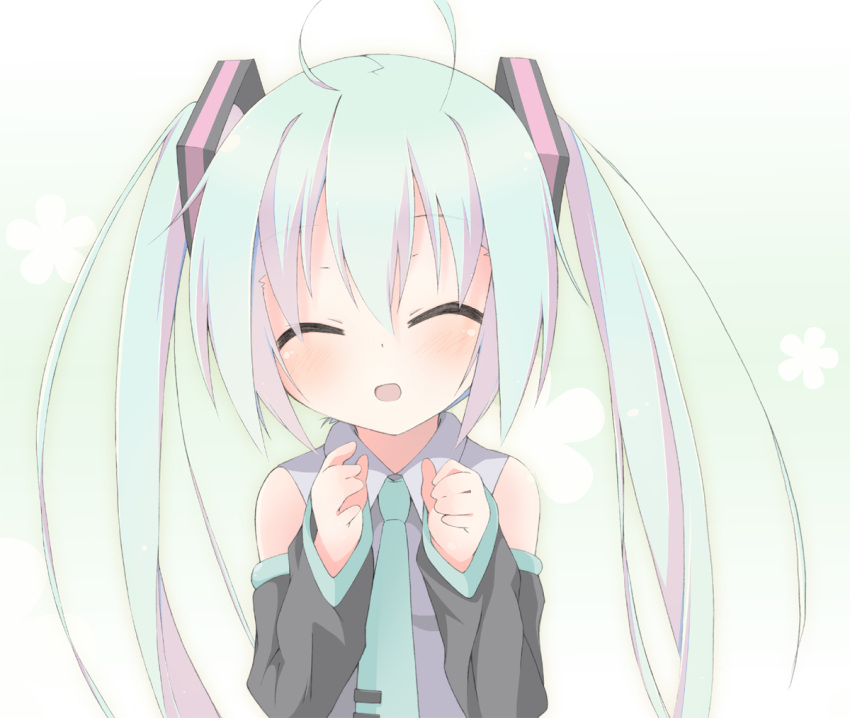 1girl, ahoge, aqua_hair, closed_eyes, detached_sleeves, hatsune_miku, long_hair, necktie