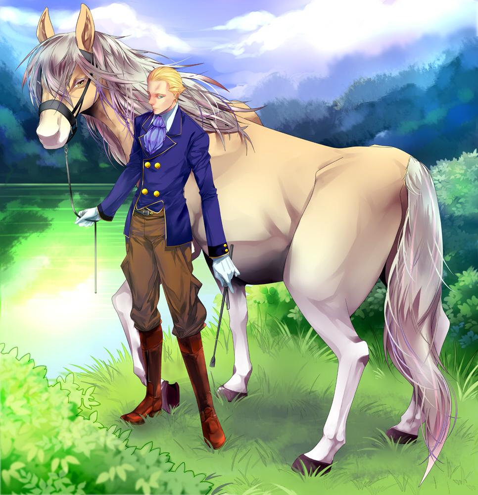 1boy, blonde_hair, boots, fate/zero, fate_(series), horse, jodhpurs, kayneth_archibald_el-melloi