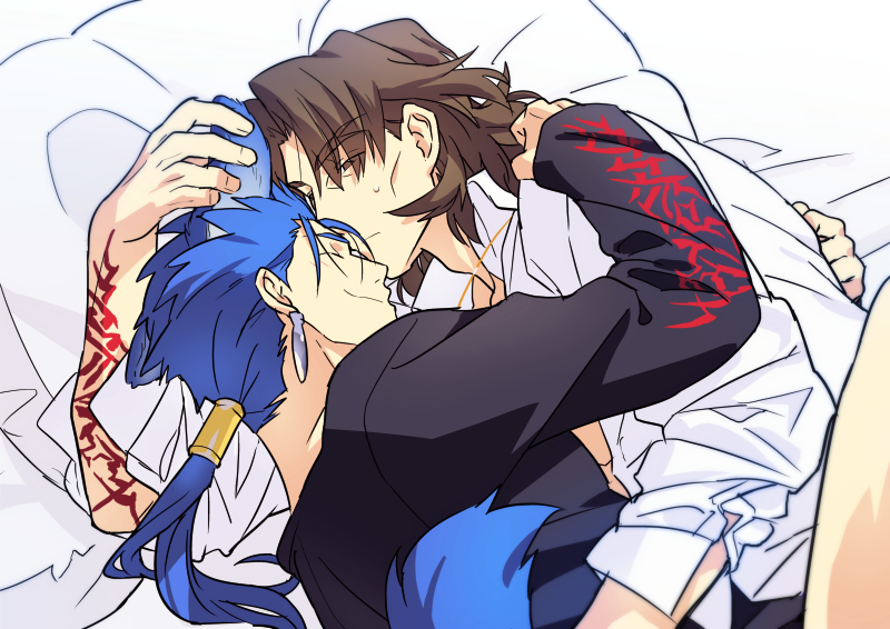 2boys, animal_ears, blue_hair, brown_eyes, brown_hair, command_spell, cuddling, earrings, fate/stay_night, fate_(series), hoodie, jewelry, kemonomimi_mode, kotomine_kirei, lancer, long_hair, multiple_boys, ponytail, sexy44, sleeping, tail, wolf_ears, wolf_tail