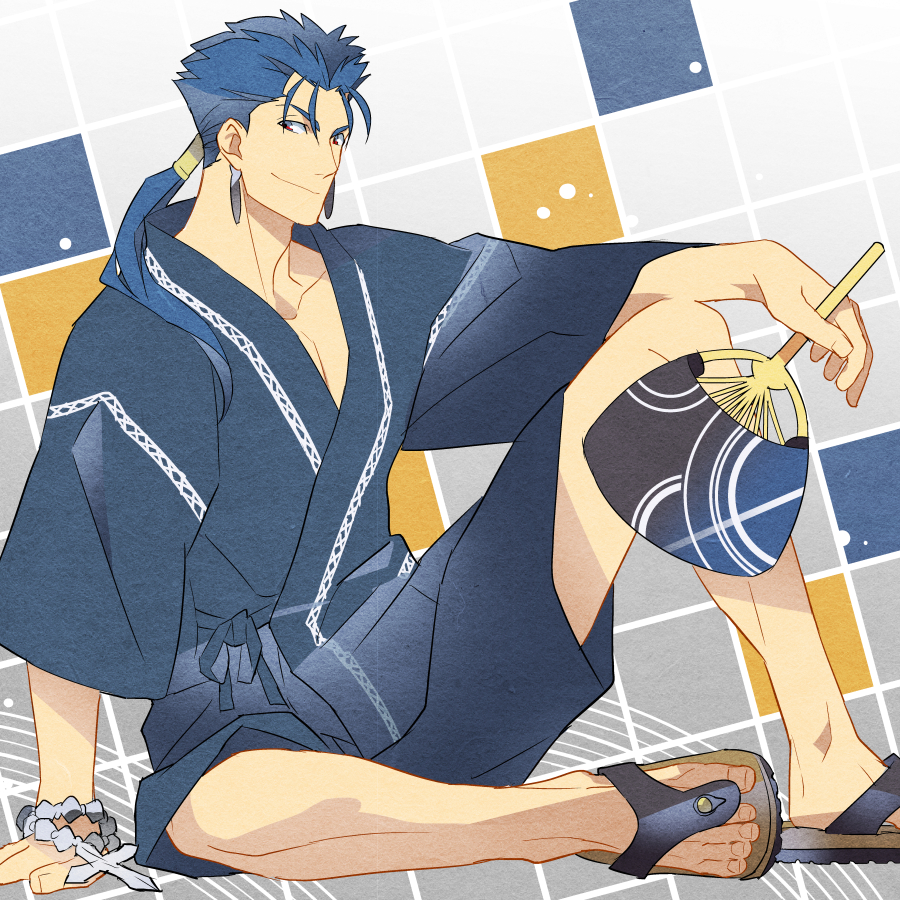 1boy, blue_hair, bracelet, cross, cross_bracelet, fate/stay_night, fate_(series), japanese_clothes