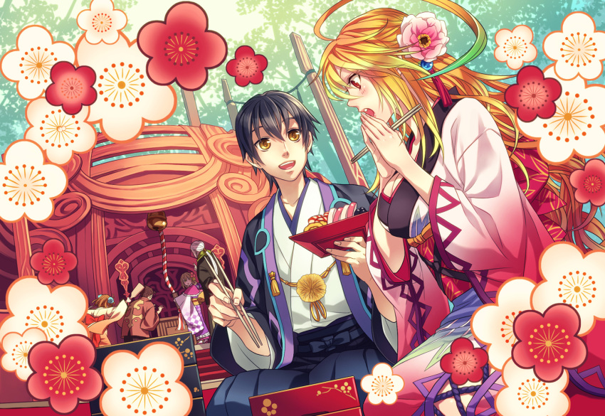 adapted_costume, alvin_(tales), bell, black_hair, blonde_hair, breasts, brown_hair, chopsticks